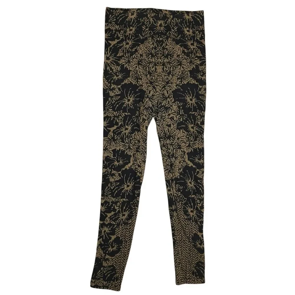 Free‎ People Gold Metallic Ornate Floral Print Leggings Black Boho